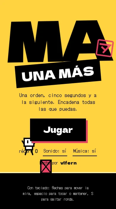 Pantalla de título de Una Más con el botón Jugar y la firma hecho por vlfern.