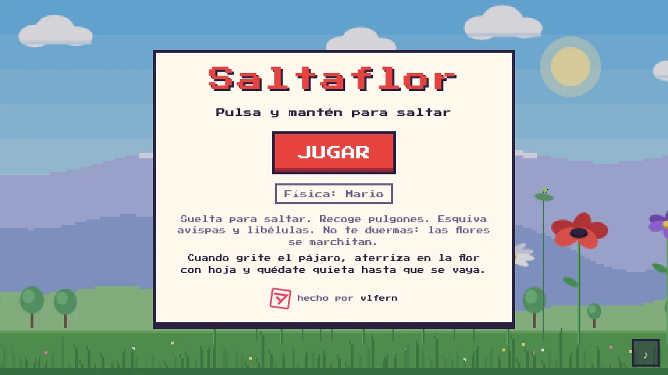 Pantalla de inicio de Saltaflor con el botón JUGAR, el selector de física y el sello de vlfern.