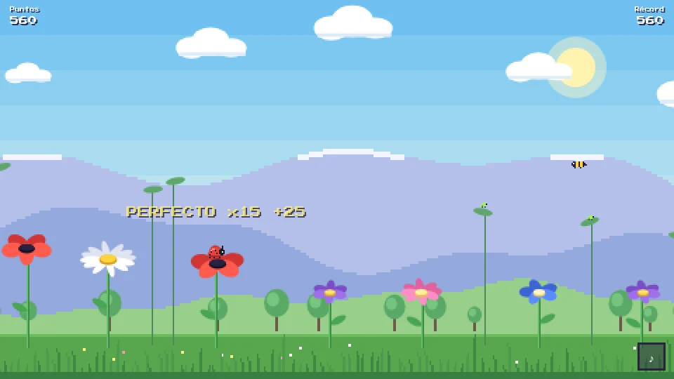 Partida de Saltaflor: flores de colores, pulgones sobre hojas al fondo y una avispa.