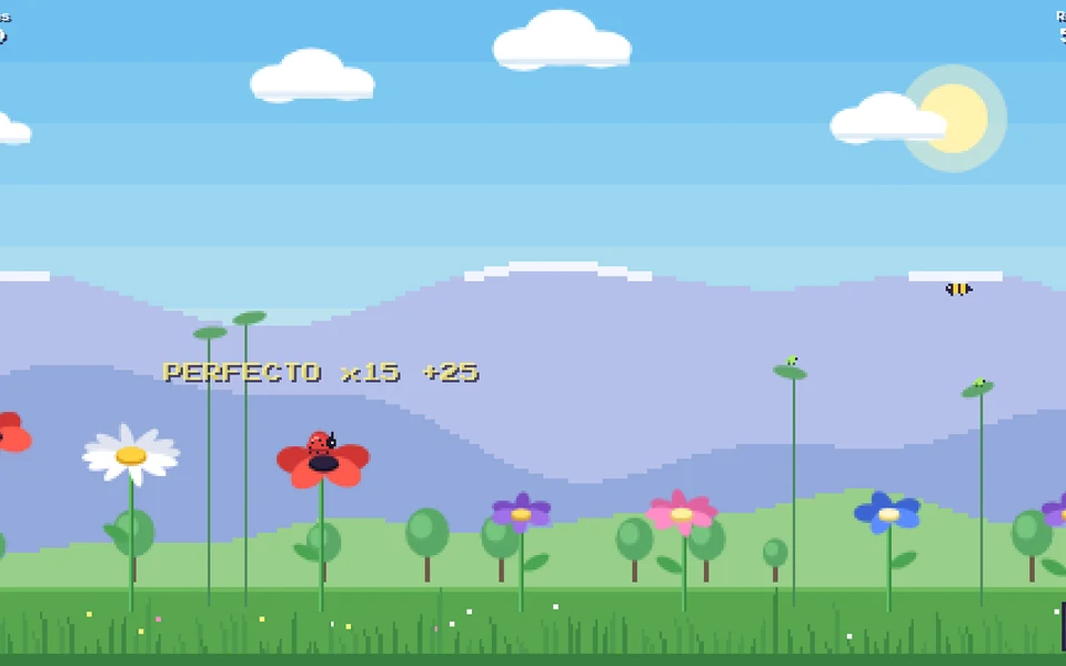 Saltaflor en juego: la mariquita sobre una amapola, rodeada de flores, con el texto PERFECTO x15 +25.