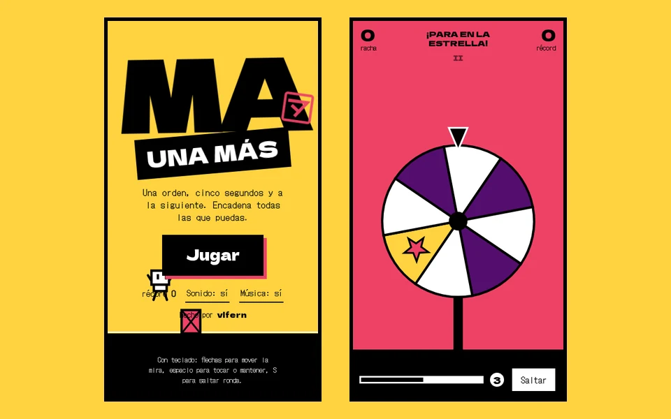 Una Más: la pantalla de título MA · UNA MÁS junto al microjuego ¡PARA EN LA ESTRELLA! con una ruleta.