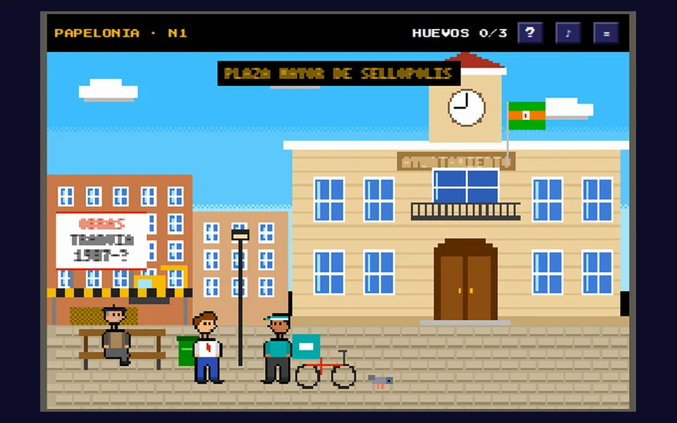 Papelonia: la Plaza Mayor de Sellópolis con el Ayuntamiento, un cartel de obras y tres personajes en pixel art.