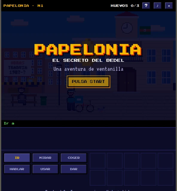 Pantalla de título de Papelonia: El Secreto del Bedel, con el botón PULSA START.